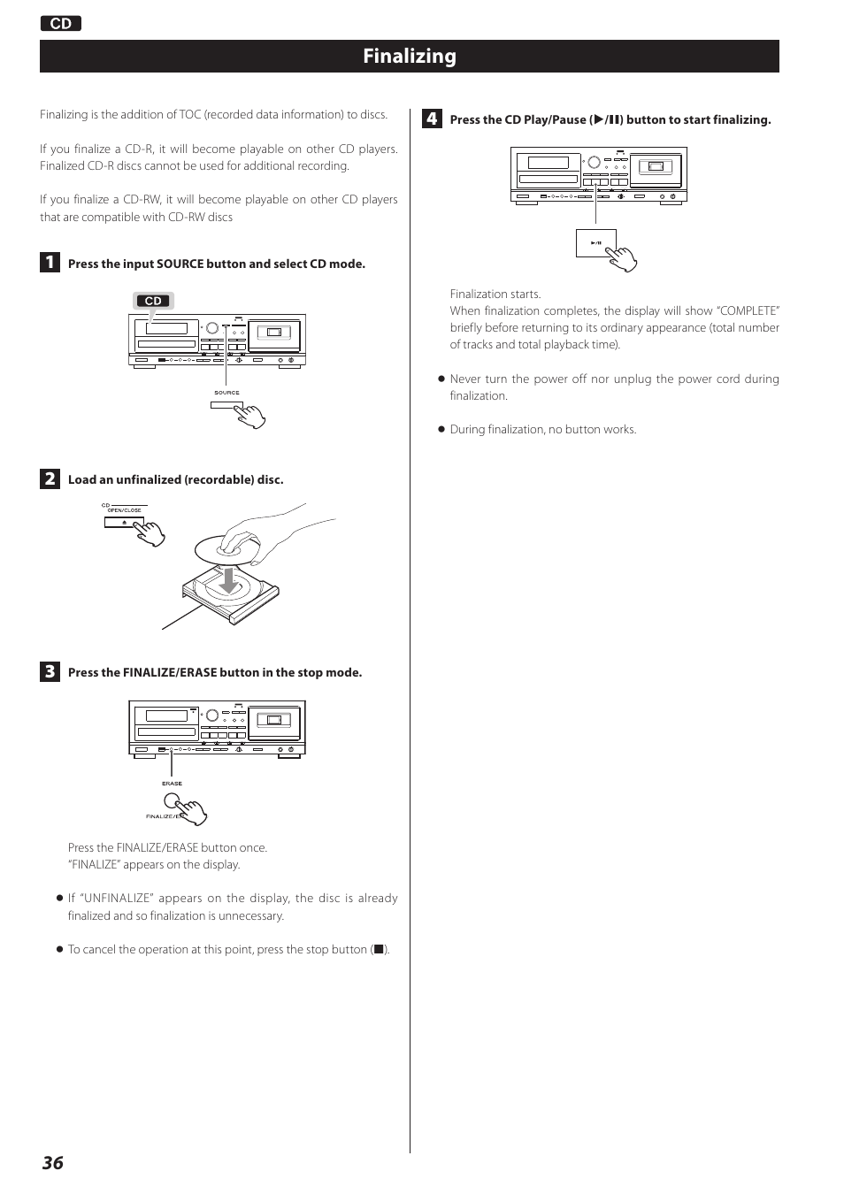 Finalizing | Teac CD Recorder/Reverse Cassette Deck AD-RW900 User Manual | Page 36 / 52