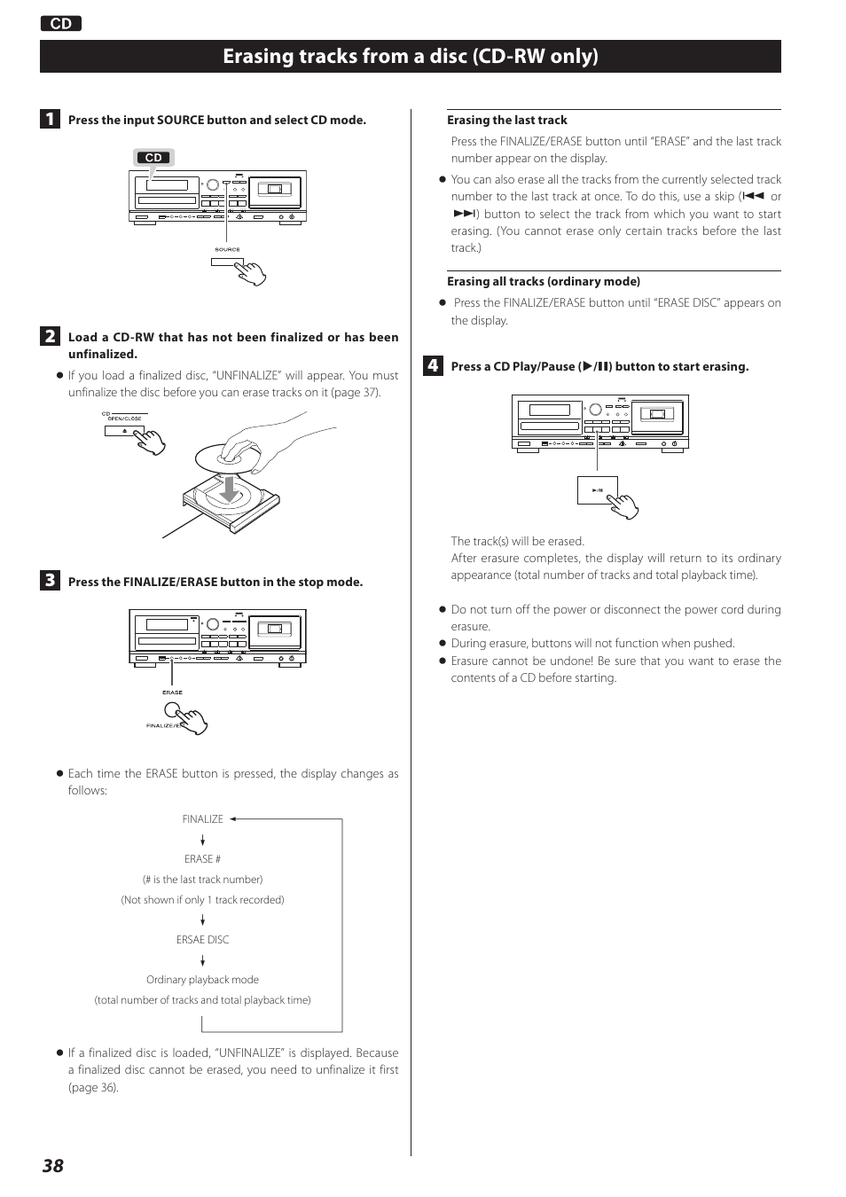 Erasing tracks from a disc (cd-rw only) | Teac CD Recorder/Reverse Cassette Deck AD-RW900 User Manual | Page 38 / 52