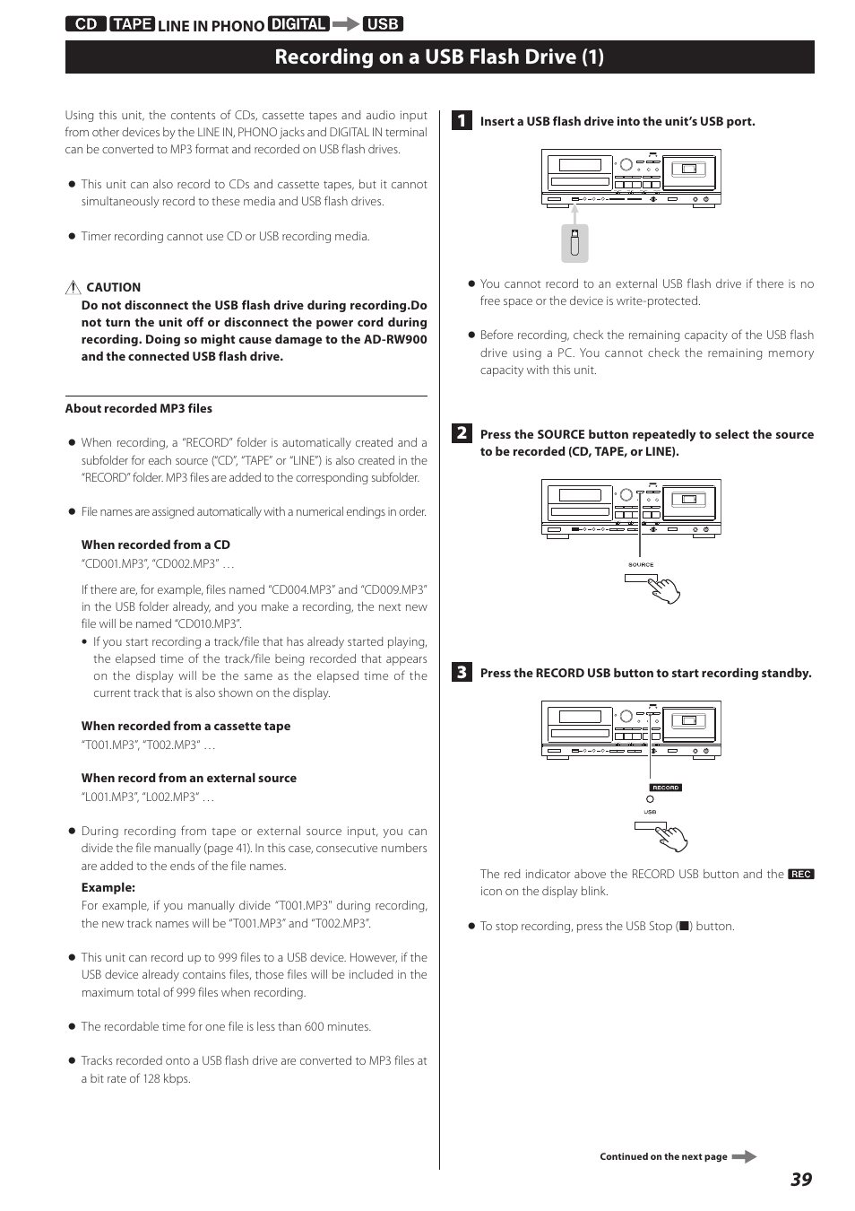 Recording on a usb flash drive (1) | Teac CD Recorder/Reverse Cassette Deck AD-RW900 User Manual | Page 39 / 52