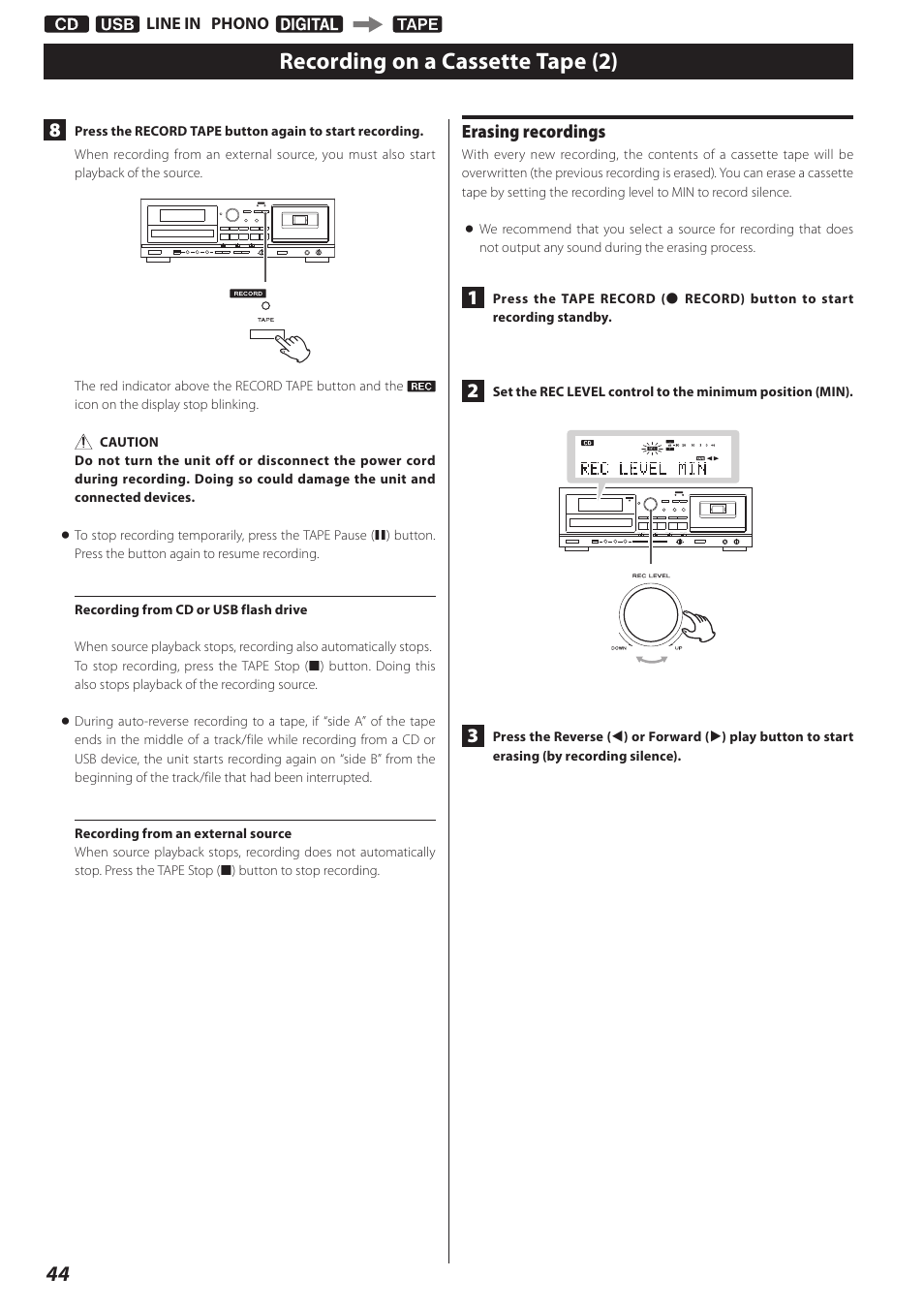 Recording on a cassette tape (2) | Teac CD Recorder/Reverse Cassette Deck AD-RW900 User Manual | Page 44 / 52