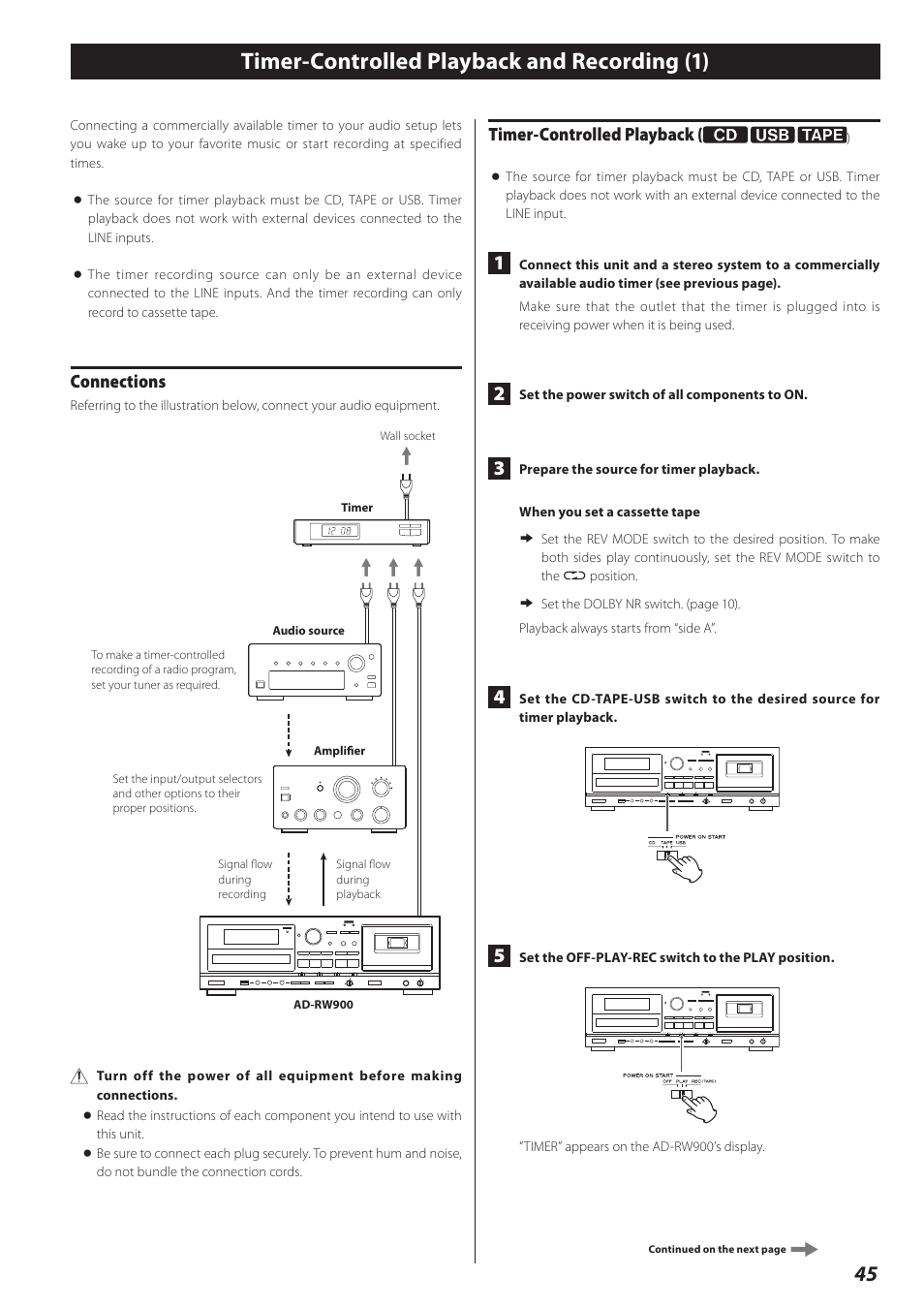 Timer-controlled playback and recording (1), Connections, Timer-controlled playback | Teac CD Recorder/Reverse Cassette Deck AD-RW900 User Manual | Page 45 / 52