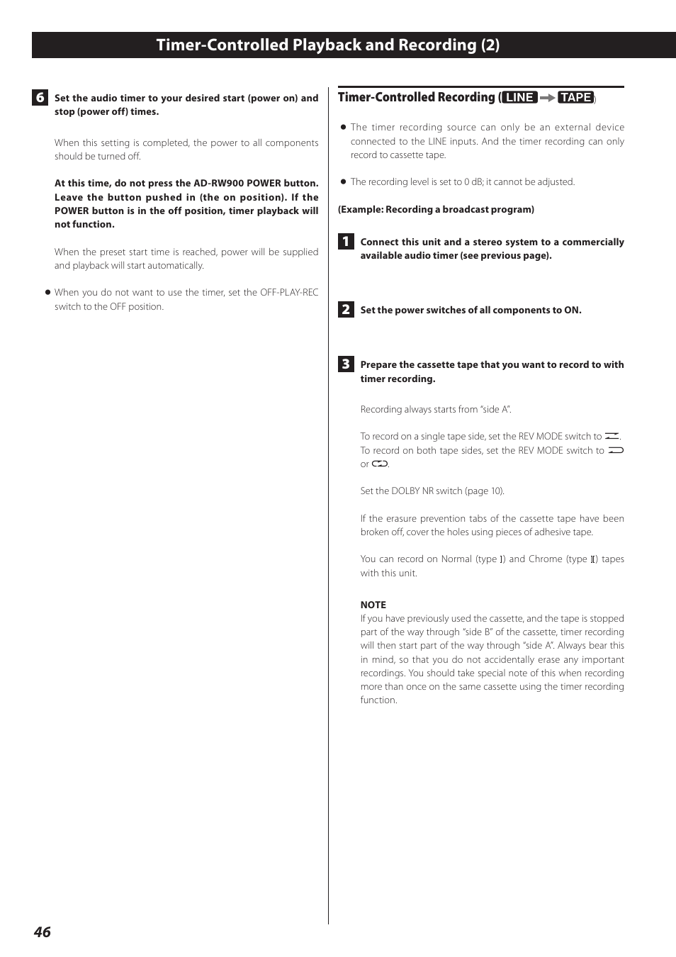Timer-controlled playback and recording (2), Timer-controlled recording | Teac CD Recorder/Reverse Cassette Deck AD-RW900 User Manual | Page 46 / 52