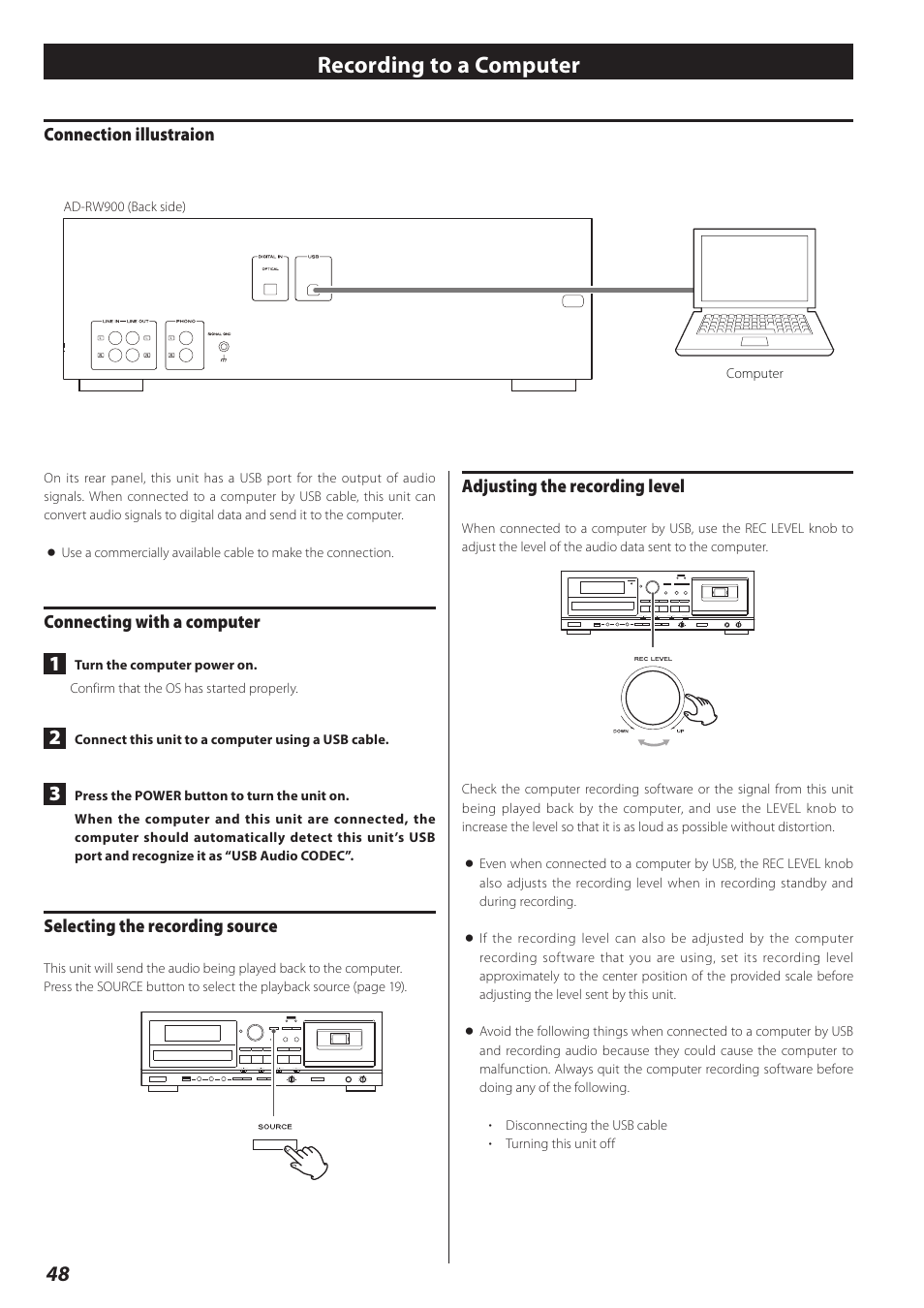 Recording to a computer | Teac CD Recorder/Reverse Cassette Deck AD-RW900 User Manual | Page 48 / 52