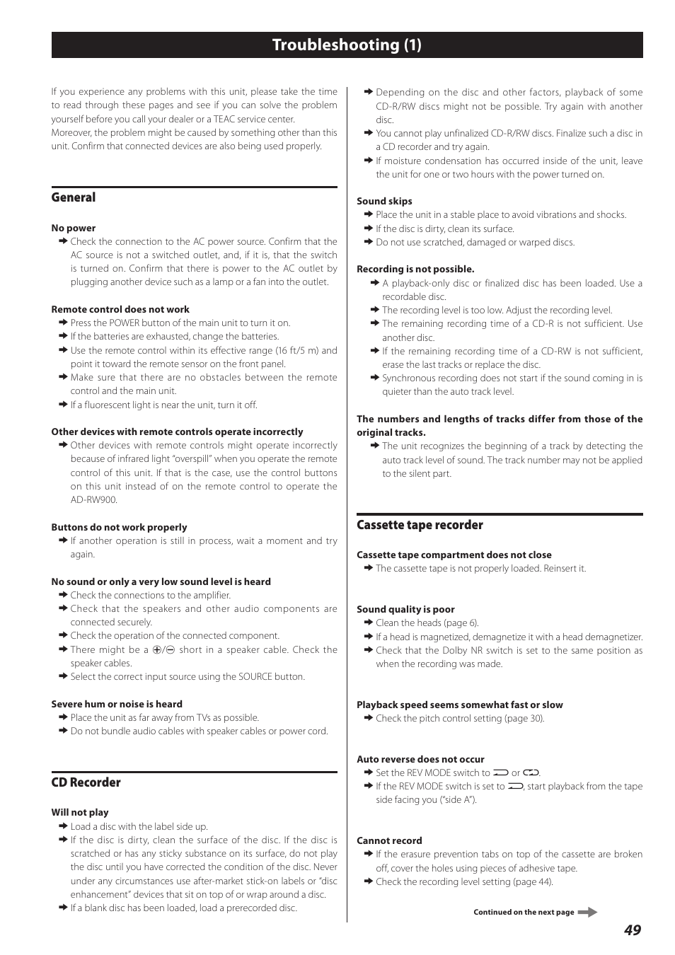 Troubleshooting (1), General, Cd recorder | Cassette tape recorder | Teac CD Recorder/Reverse Cassette Deck AD-RW900 User Manual | Page 49 / 52