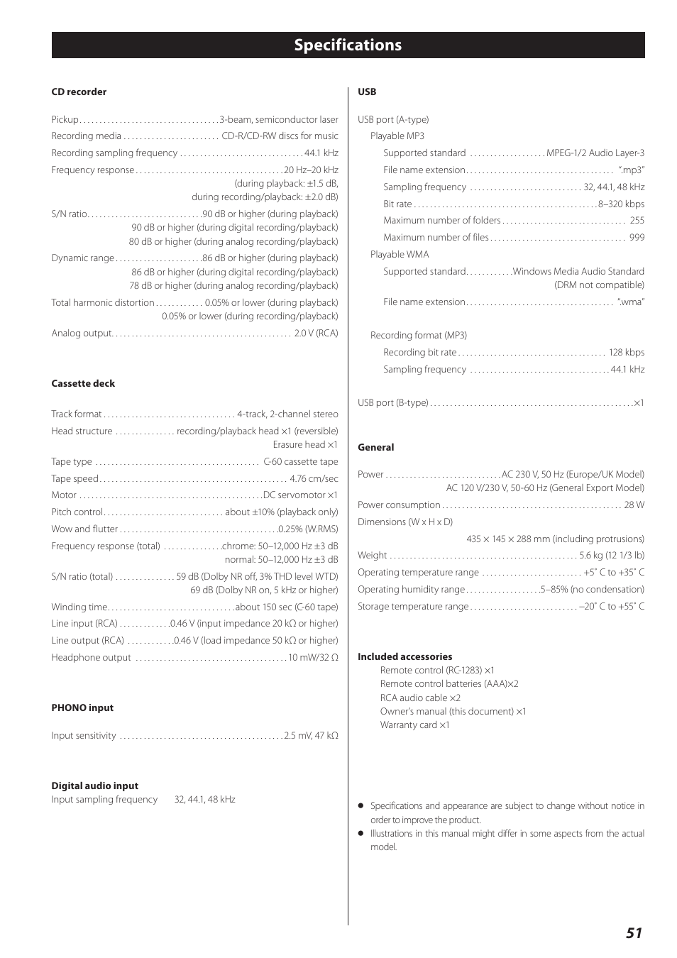 Specifications | Teac CD Recorder/Reverse Cassette Deck AD-RW900 User Manual | Page 51 / 52