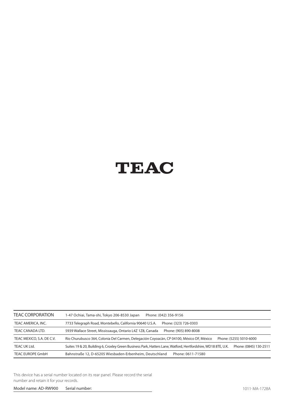 Teac CD Recorder/Reverse Cassette Deck AD-RW900 User Manual | Page 52 / 52