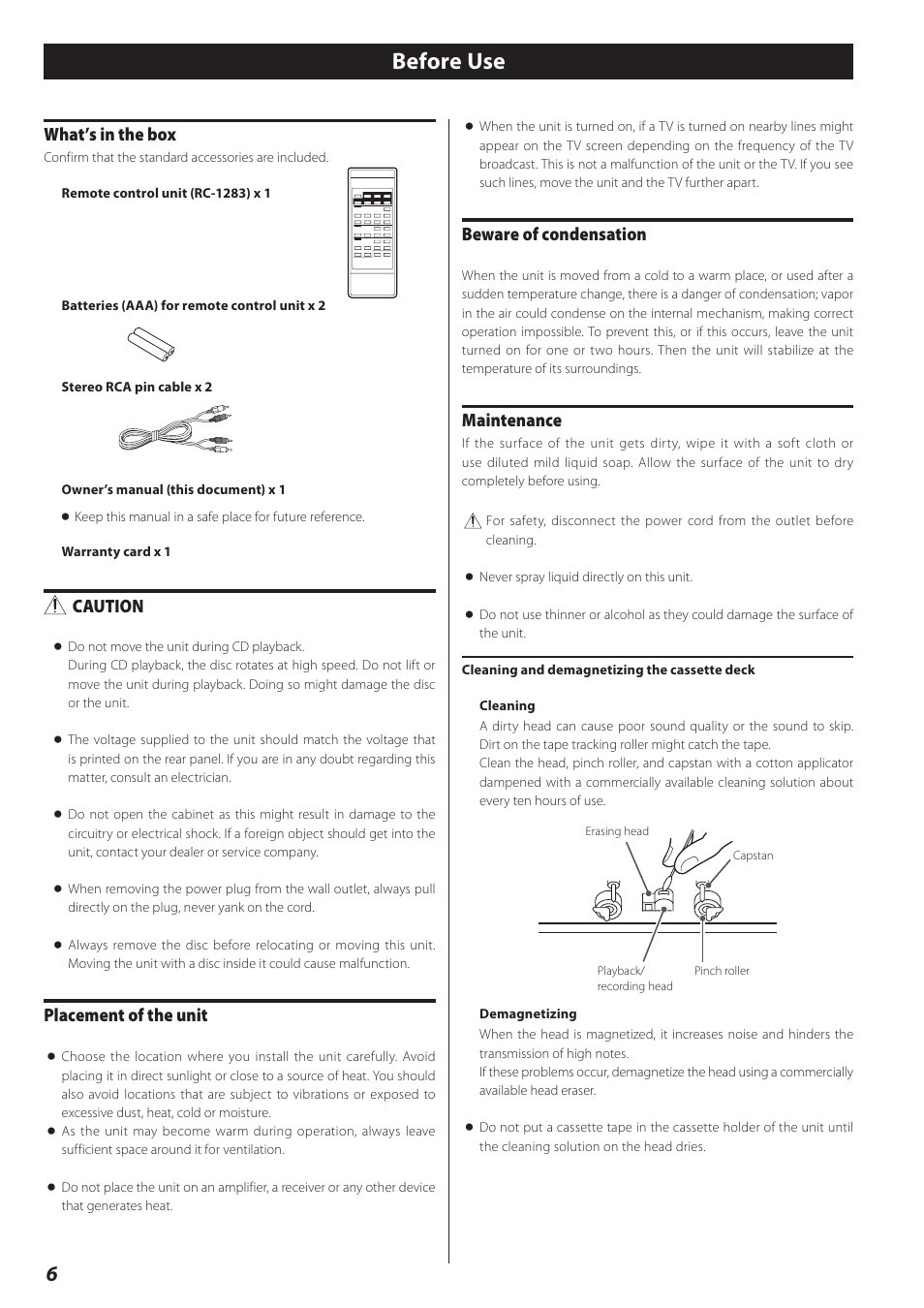 Before use, What’s in the box, Caution | Placement of the unit, Beware of condensation, Maintenance | Teac CD Recorder/Reverse Cassette Deck AD-RW900 User Manual | Page 6 / 52