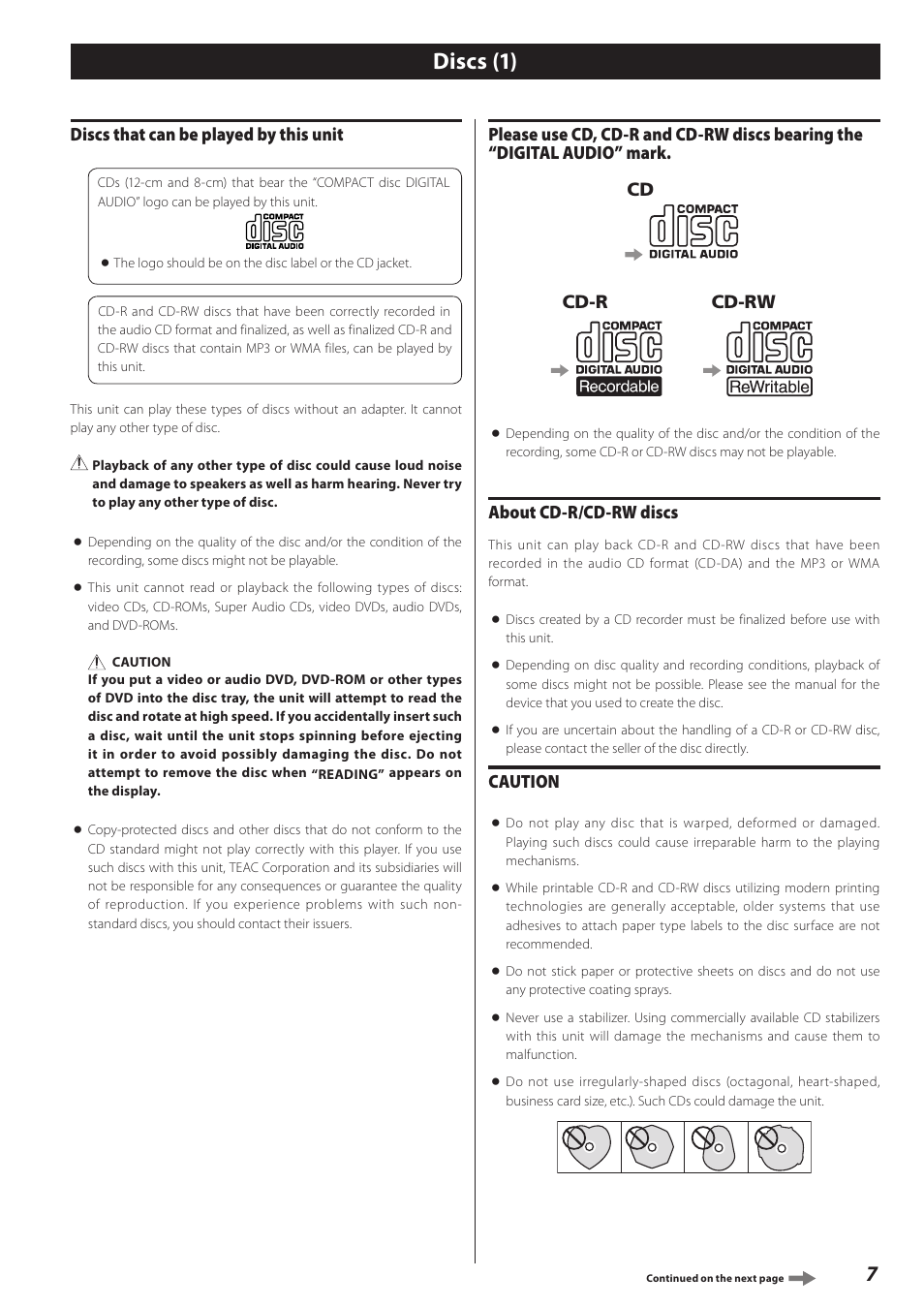 Discs (1), Discs that can be played by this unit, About cd-r/cd-rw discs | Caution | Teac CD Recorder/Reverse Cassette Deck AD-RW900 User Manual | Page 7 / 52