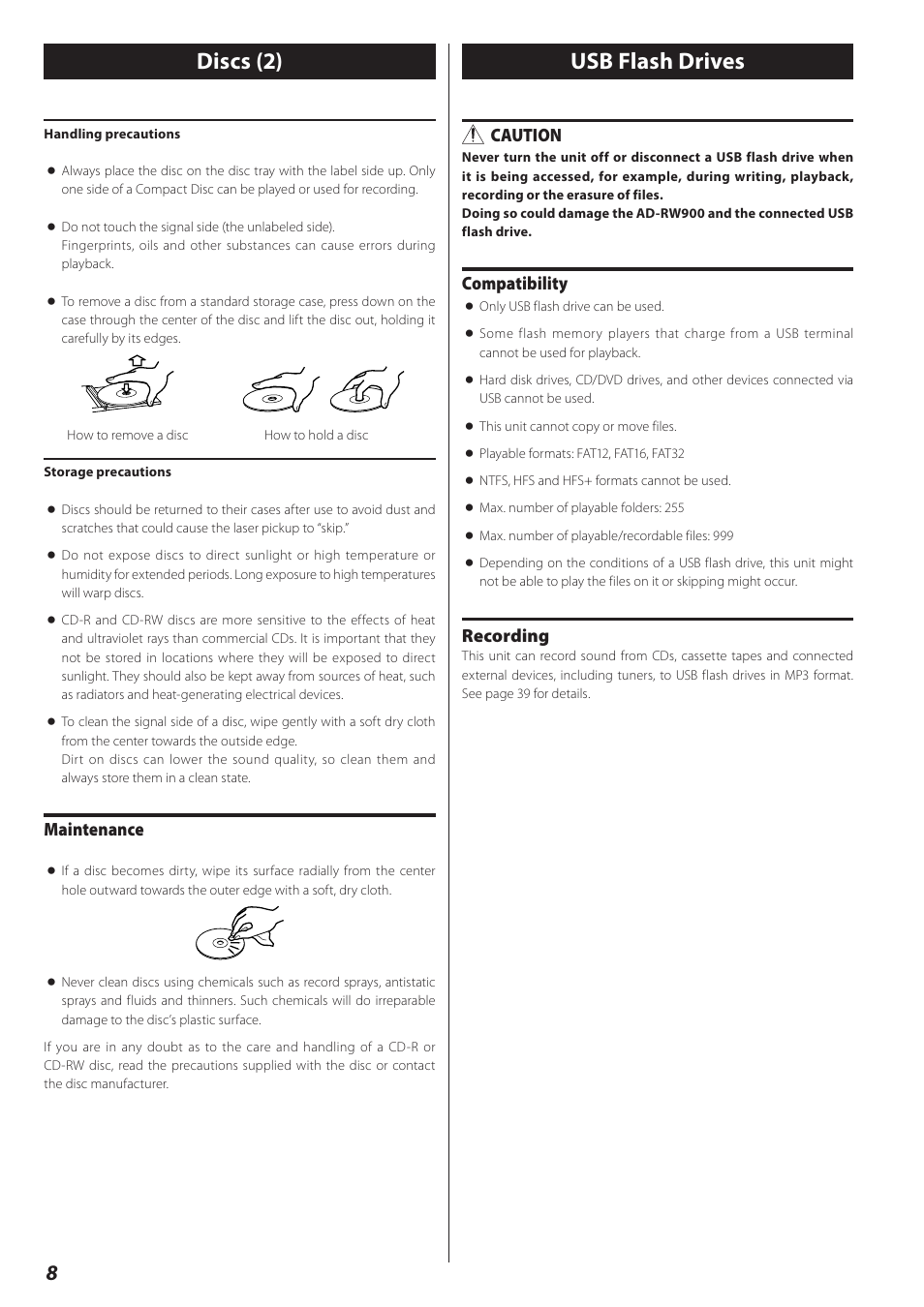 Usb flash drives, Discs (2) usb flash drives, Maintenance | Caution, Compatibility, Recording | Teac CD Recorder/Reverse Cassette Deck AD-RW900 User Manual | Page 8 / 52