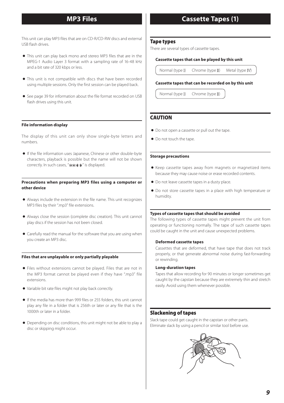 Mp3 files, Cassette tapes (1), Tape types | Caution, Slackening of tapes | Teac CD Recorder/Reverse Cassette Deck AD-RW900 User Manual | Page 9 / 52