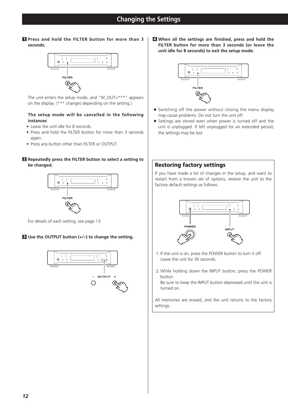 Changing the settings, Restoring factory settings | Teac D-01 User Manual | Page 12 / 16