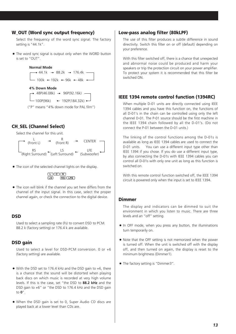 W_out (word sync output frequency), Ch_sel (channel select), Dsd gain | Low-pass analog filter (80klpf), Dimmer | Teac D-01 User Manual | Page 13 / 16