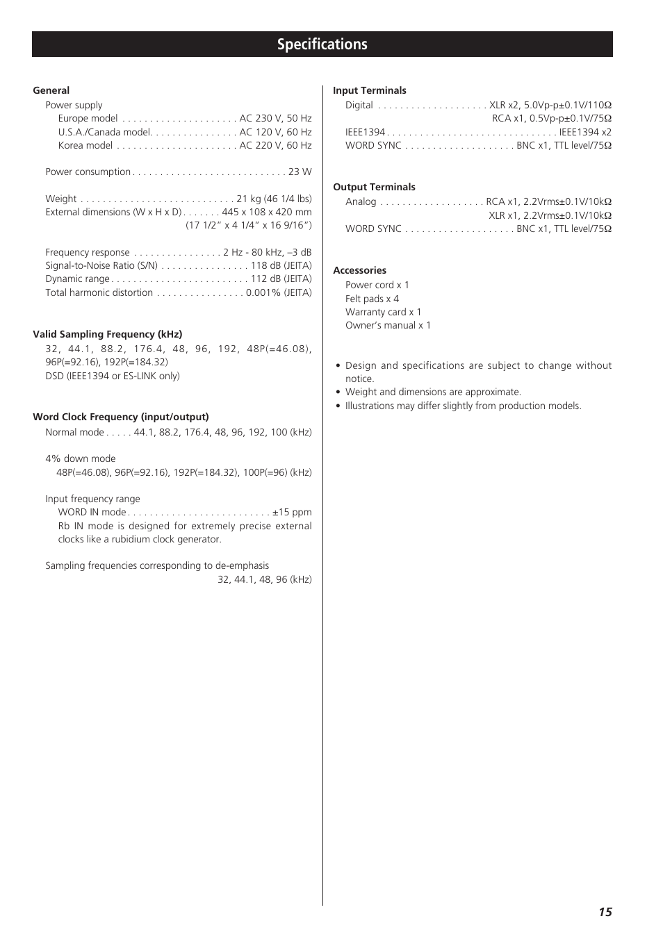 Specifications | Teac D-01 User Manual | Page 15 / 16