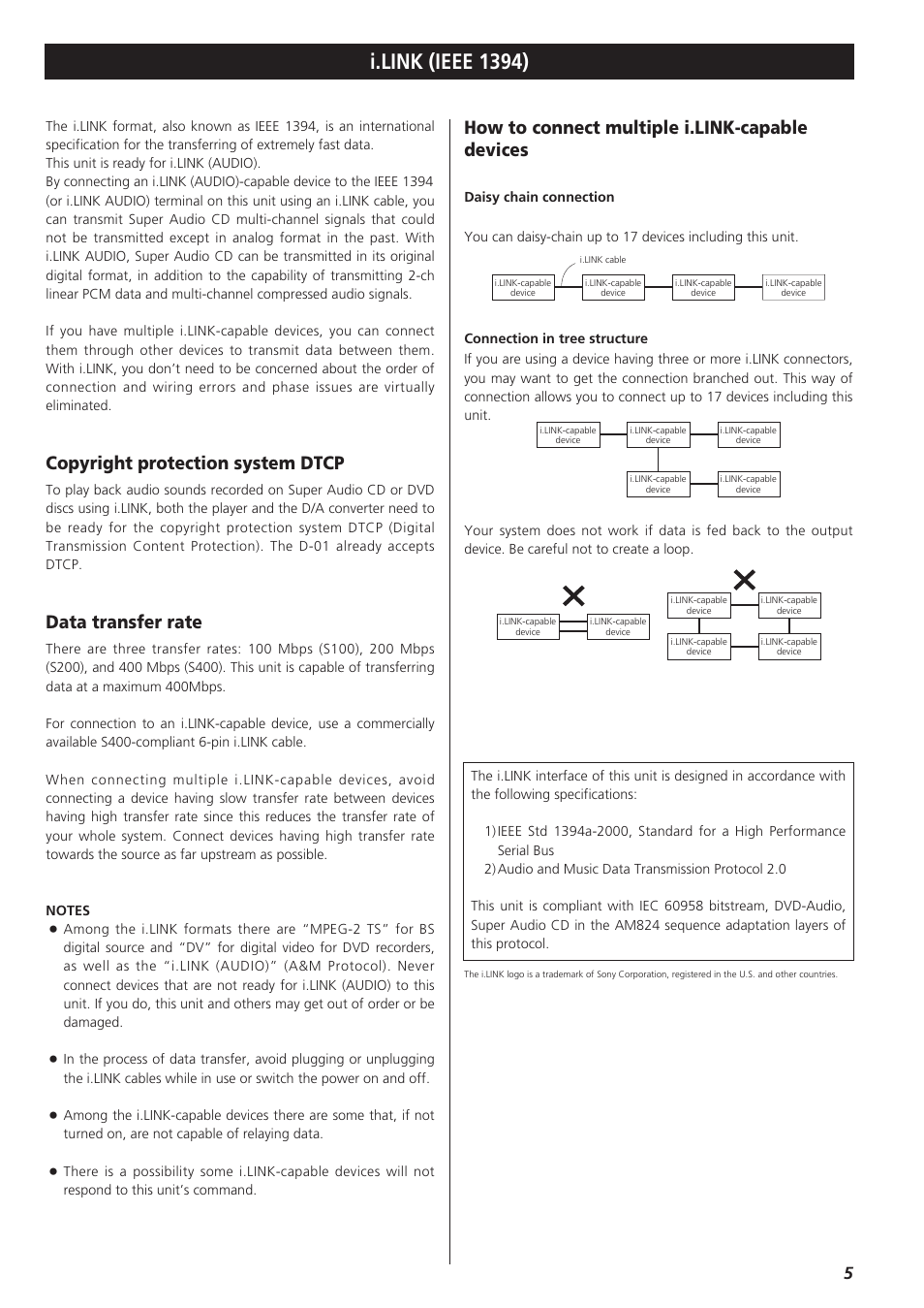 I.link (ieee 1394), Copyright protection system dtcp, Data transfer rate | How to connect multiple i.link-capable devices | Teac D-01 User Manual | Page 5 / 16