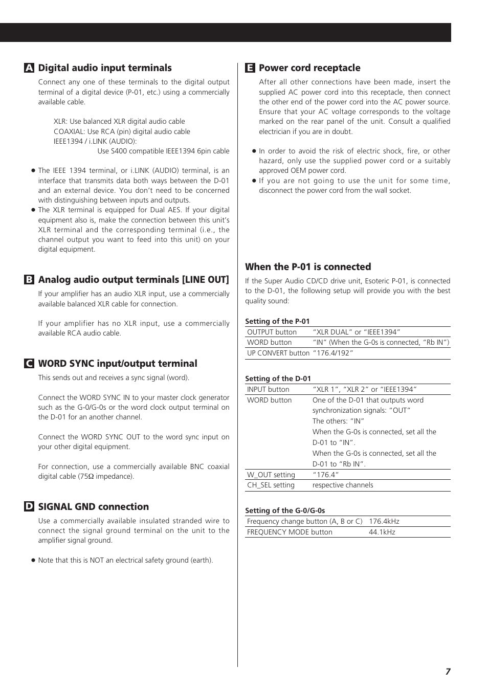 Digital audio input terminals, Analog audio output terminals [line out, Word sync input/output terminal | Signal gnd connection, Dc b a power cord receptacle, Ewhen the p-01 is connected | Teac D-01 User Manual | Page 7 / 16