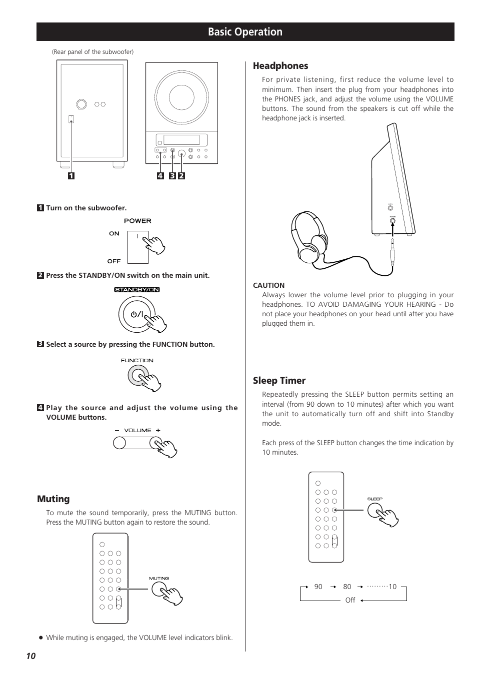 Basic operation, Muting, Headphones | Sleep timer | Teac CD-X9 User Manual | Page 10 / 24