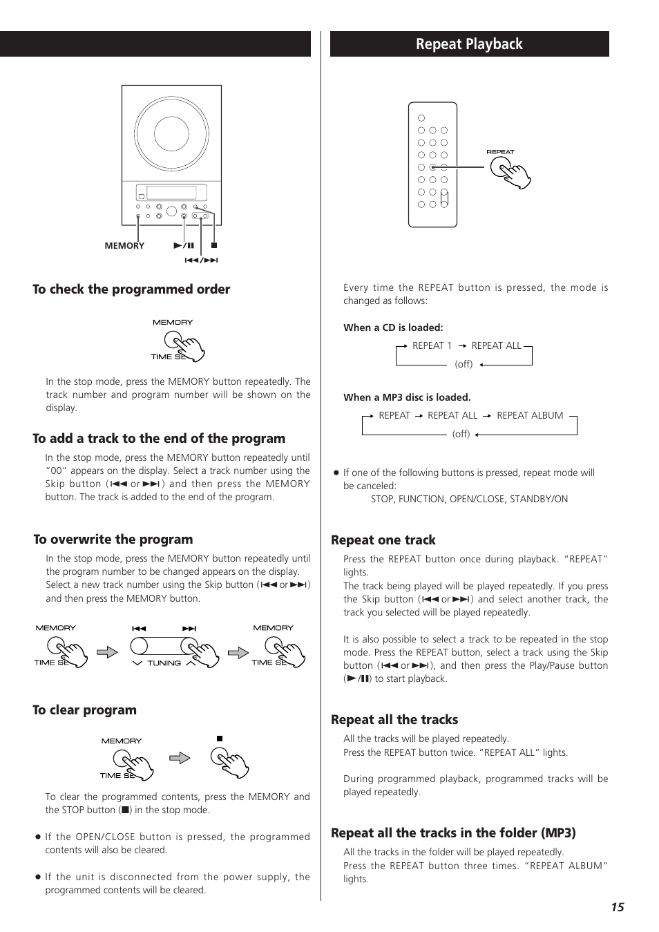 Repeat playback, Repeat one track, Repeat all the tracks | Repeat all the tracks in the folder (mp3) | Teac CD-X9 User Manual | Page 15 / 24