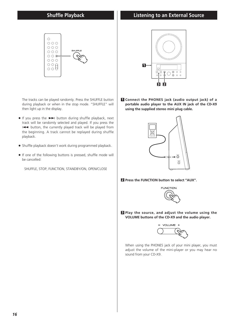 Repeat playbac, Shuffle playback, Listening to an external source | Teac CD-X9 User Manual | Page 16 / 24