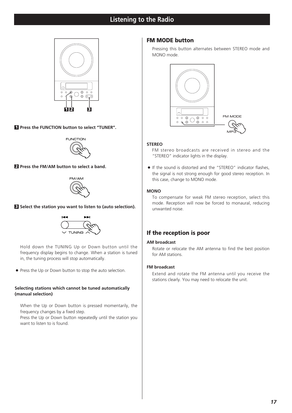 Listening to the radio, Fm mode button, If the reception is poor | Teac CD-X9 User Manual | Page 17 / 24