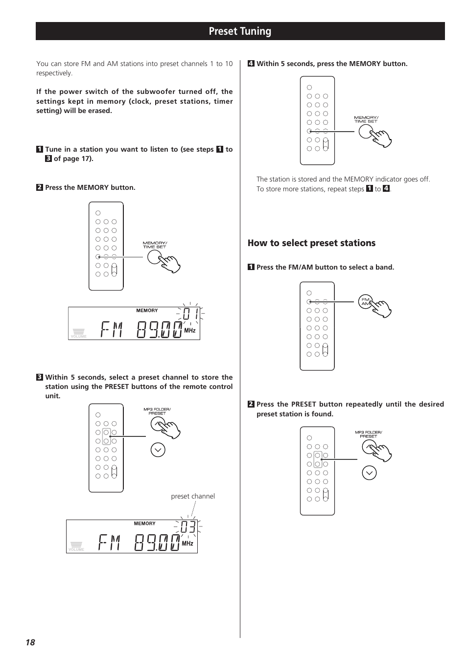 Preset tuning, How to select preset stations | Teac CD-X9 User Manual | Page 18 / 24