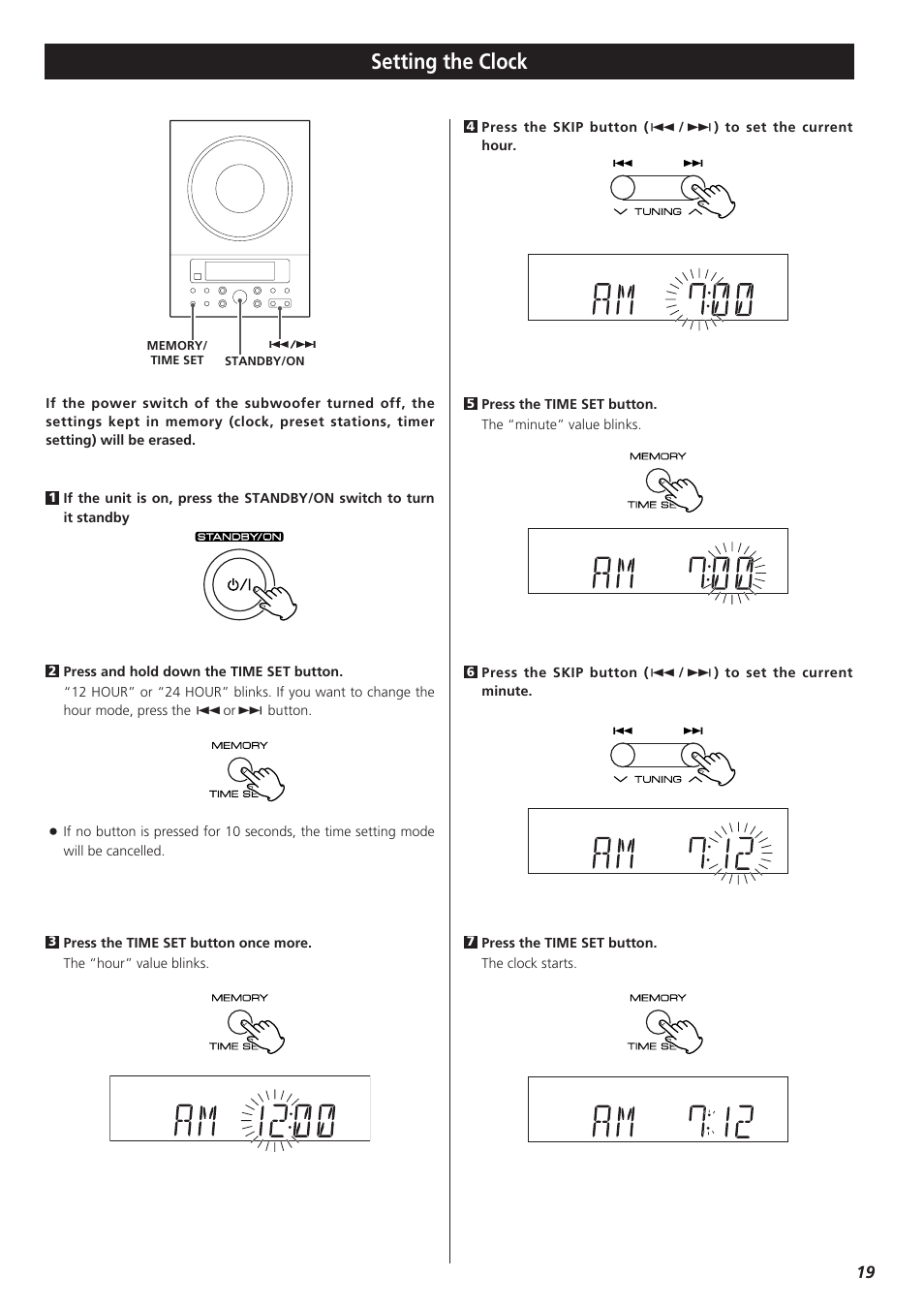 Setting the clock | Teac CD-X9 User Manual | Page 19 / 24