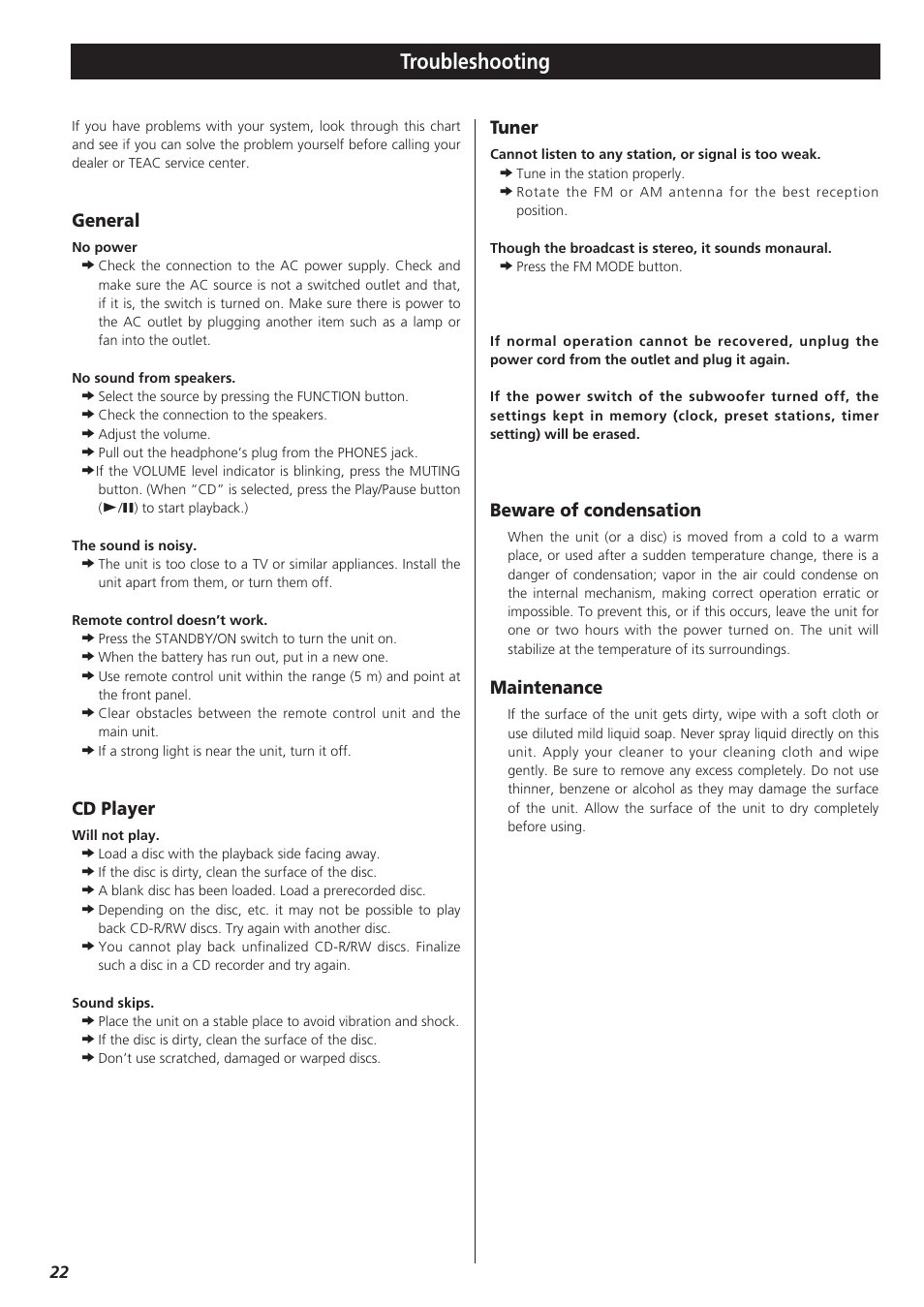 Troubleshooting, General, Cd player | Tuner, Beware of condensation, Maintenance | Teac CD-X9 User Manual | Page 22 / 24