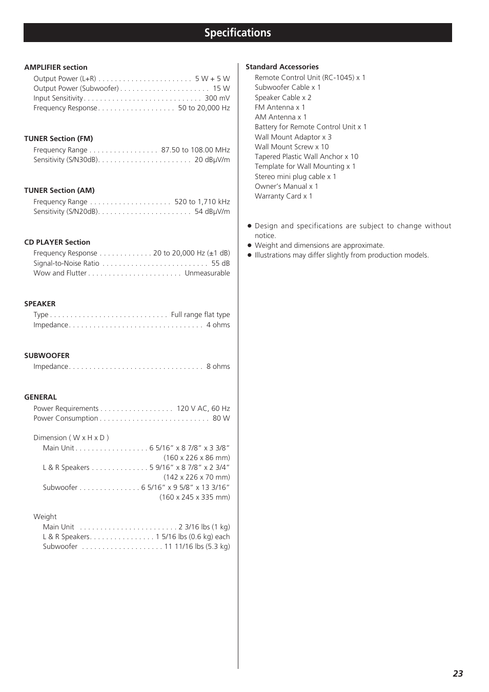Specifications | Teac CD-X9 User Manual | Page 23 / 24