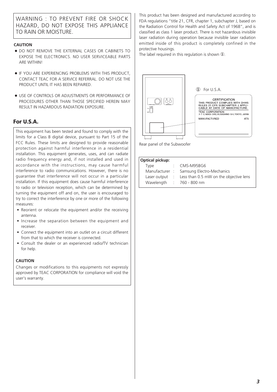 For u.s.a | Teac CD-X9 User Manual | Page 3 / 24