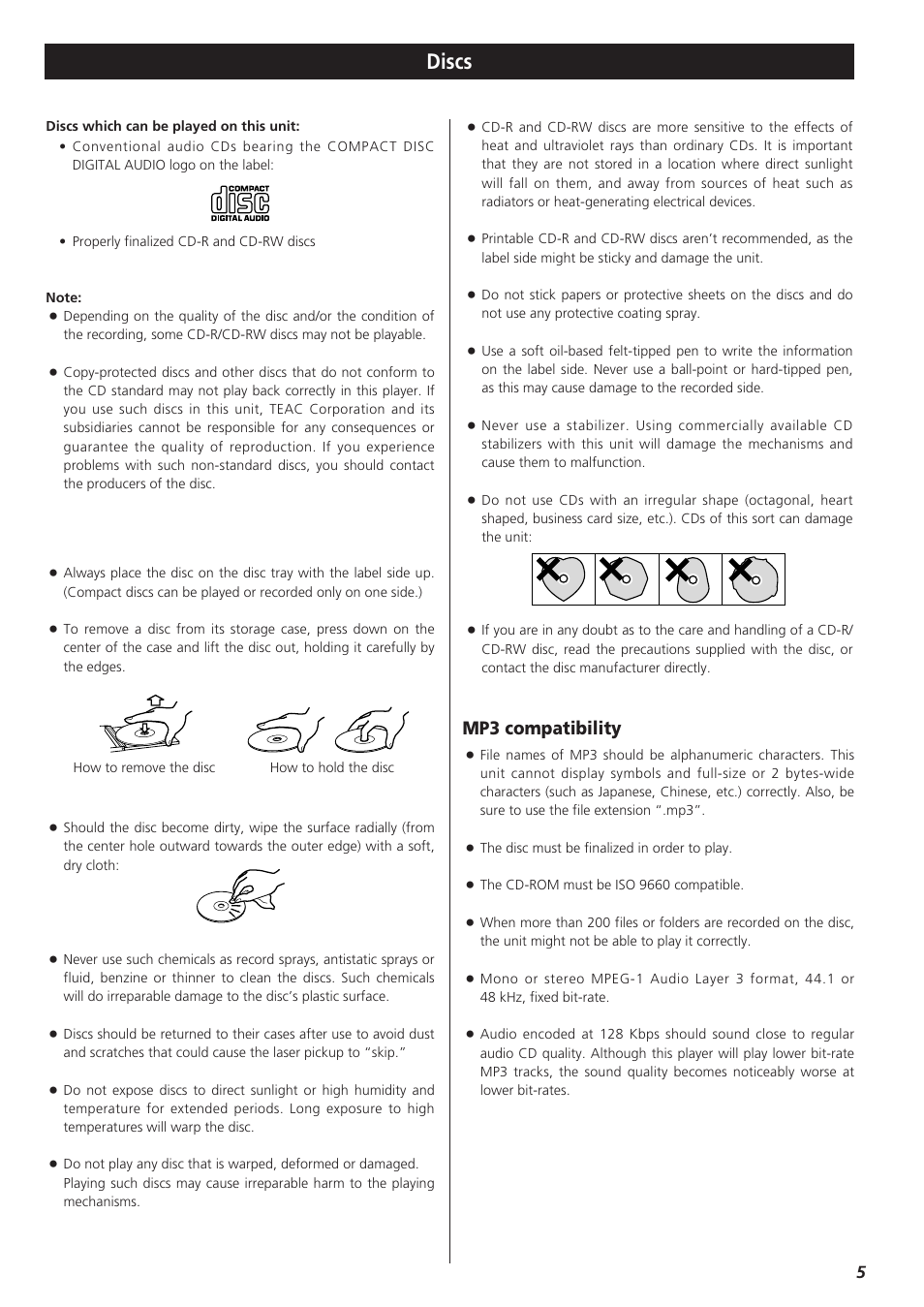 Discs, Mp3 compatibility | Teac CD-X9 User Manual | Page 5 / 24