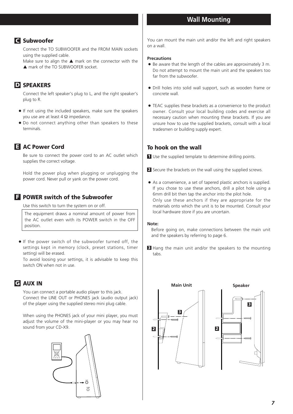 Wall mounting, Subwoofer, Speakers | Ac power cord, Power switch of the subwoofer, Aux in, Fe d c | Teac CD-X9 User Manual | Page 7 / 24