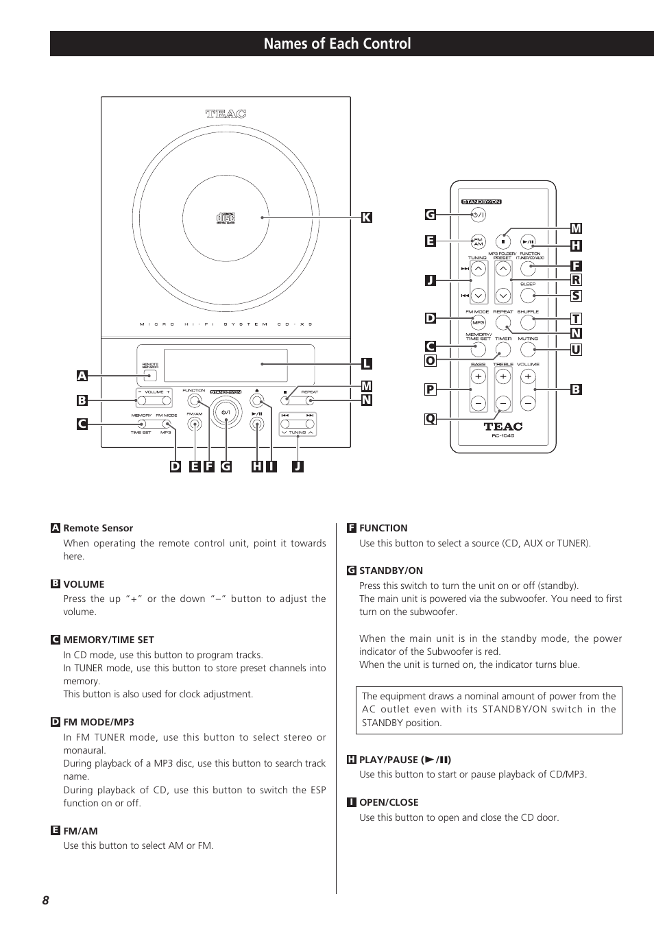 Names of each control | Teac CD-X9 User Manual | Page 8 / 24