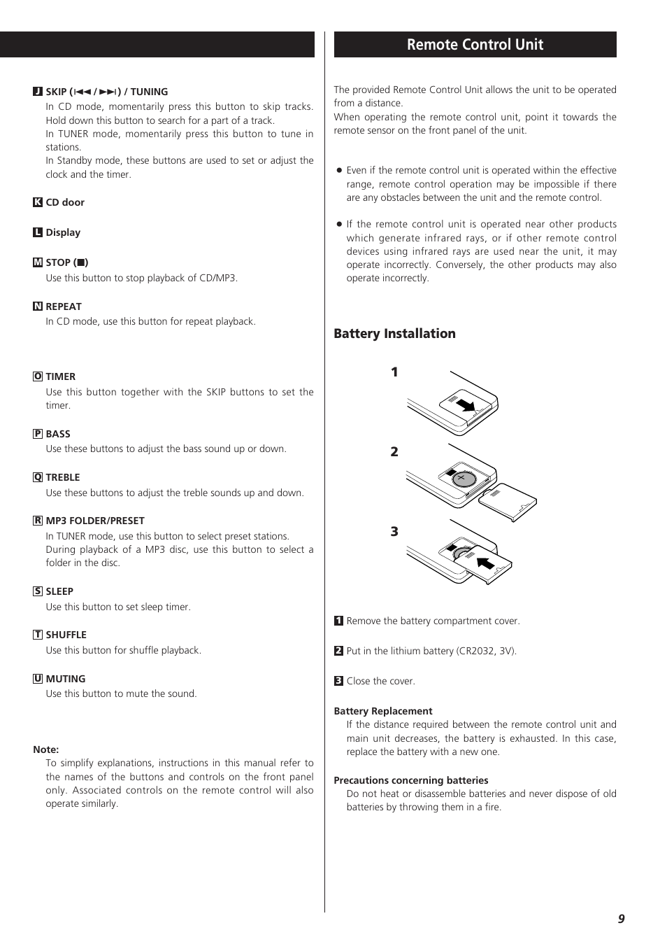 Remote control unit, Battery installation 1 2 3 | Teac CD-X9 User Manual | Page 9 / 24