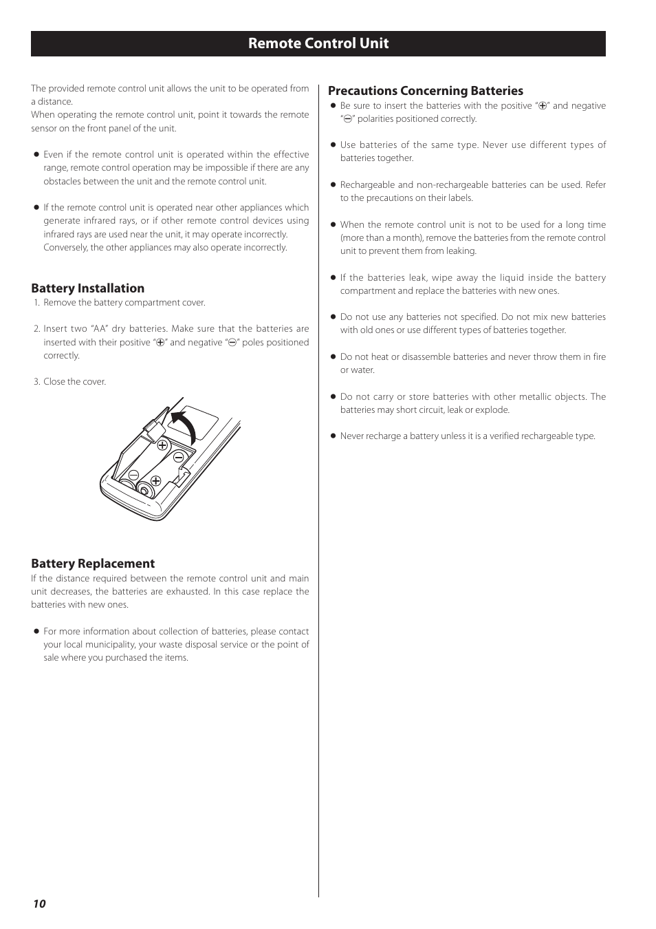 Remote control unit, Battery installation, Battery replacement | Precautions concerning batteries | Teac CD-P650 User Manual | Page 10 / 76