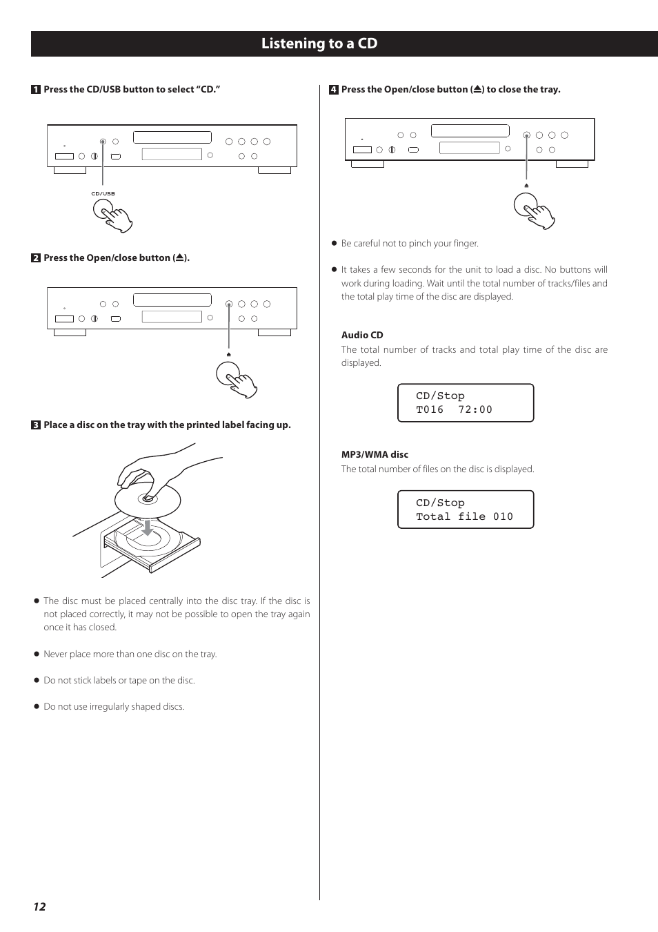Listening to a cd | Teac CD-P650 User Manual | Page 12 / 76