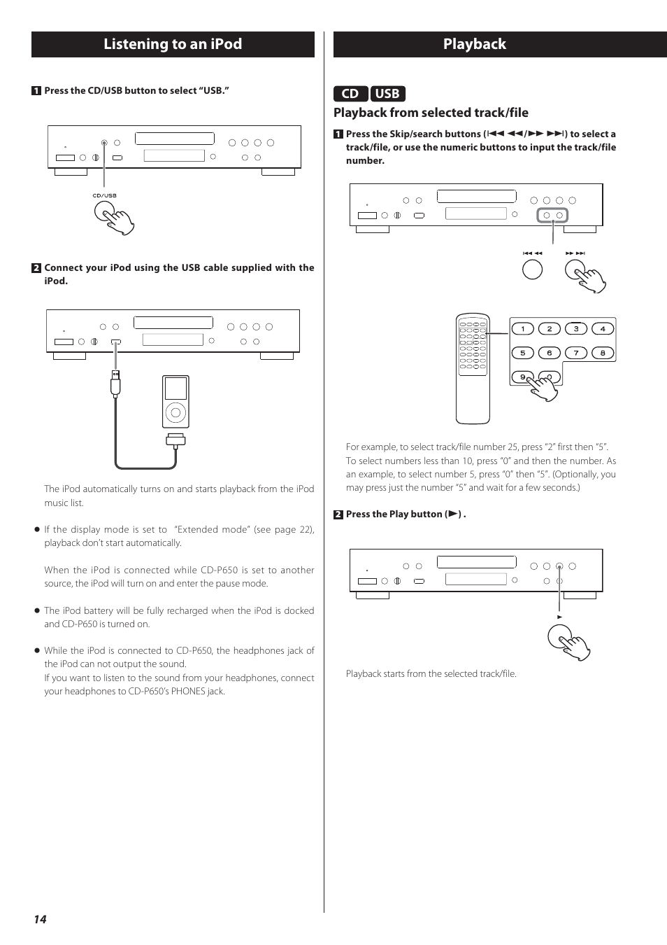Listening to an ipod playback, Playback from selected track/file | Teac CD-P650 User Manual | Page 14 / 76