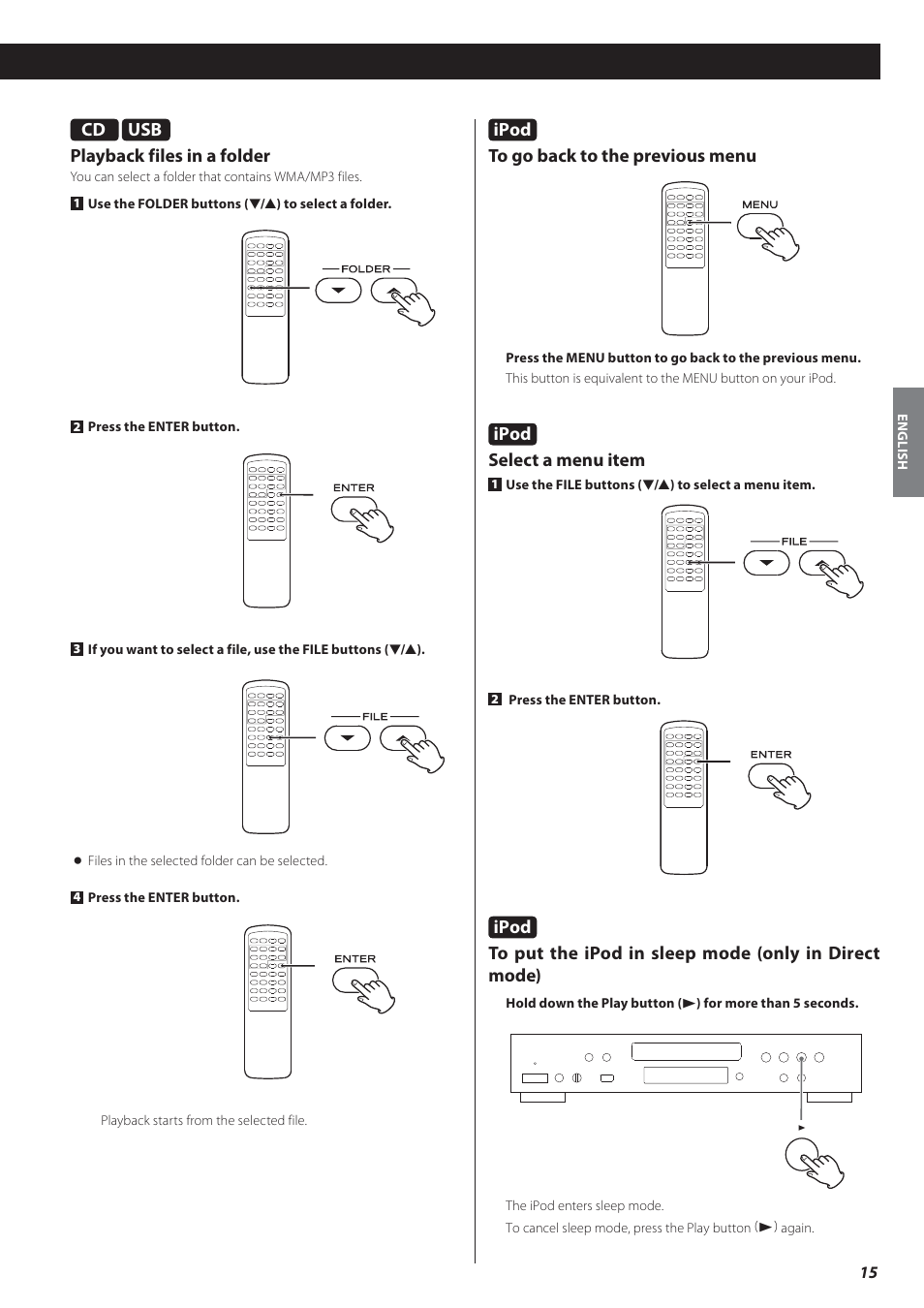 Ipod, Select a menu item, Usb playback files in a folder | Teac CD-P650 User Manual | Page 15 / 76