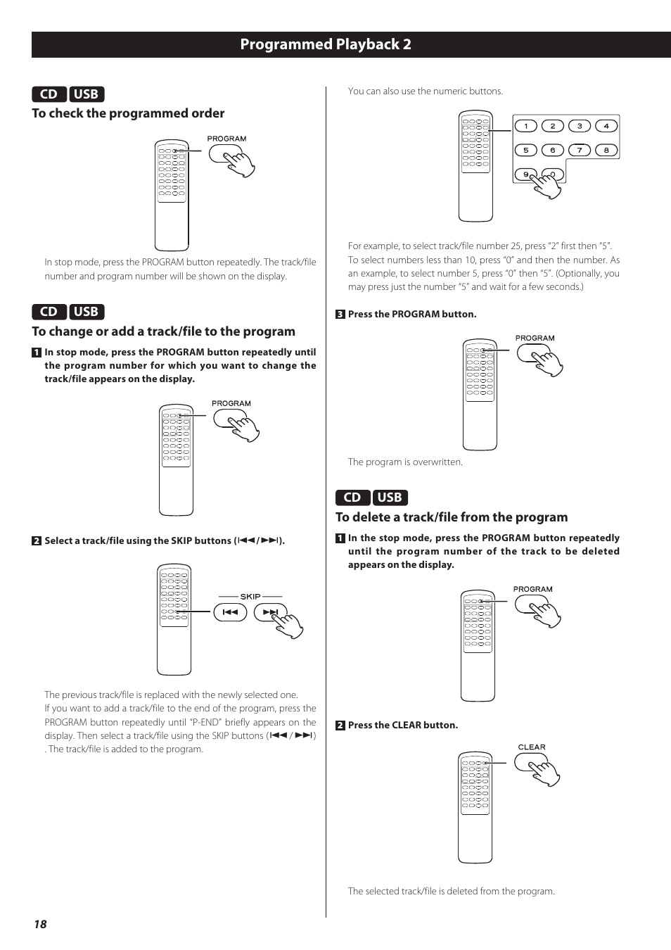 Programmed playback 2, Usb to check the programmed order, Usb to change or add a track/file to the program | Usb to delete a track/file from the program | Teac CD-P650 User Manual | Page 18 / 76