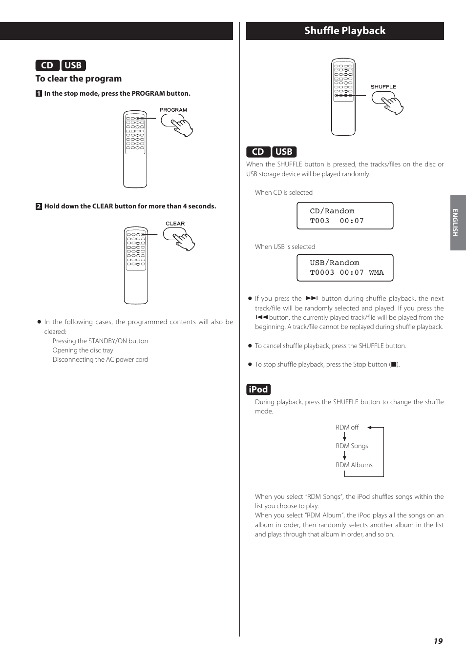 Shuffle playback, Ipod, Usb to clear the program | Teac CD-P650 User Manual | Page 19 / 76