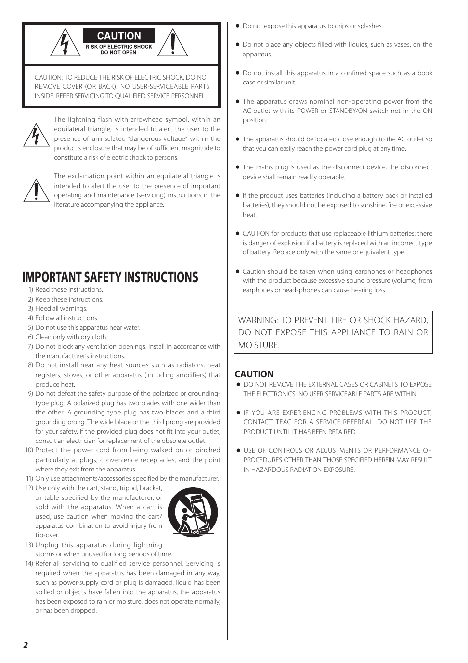 Important safety instructions, Caution | Teac CD-P650 User Manual | Page 2 / 76