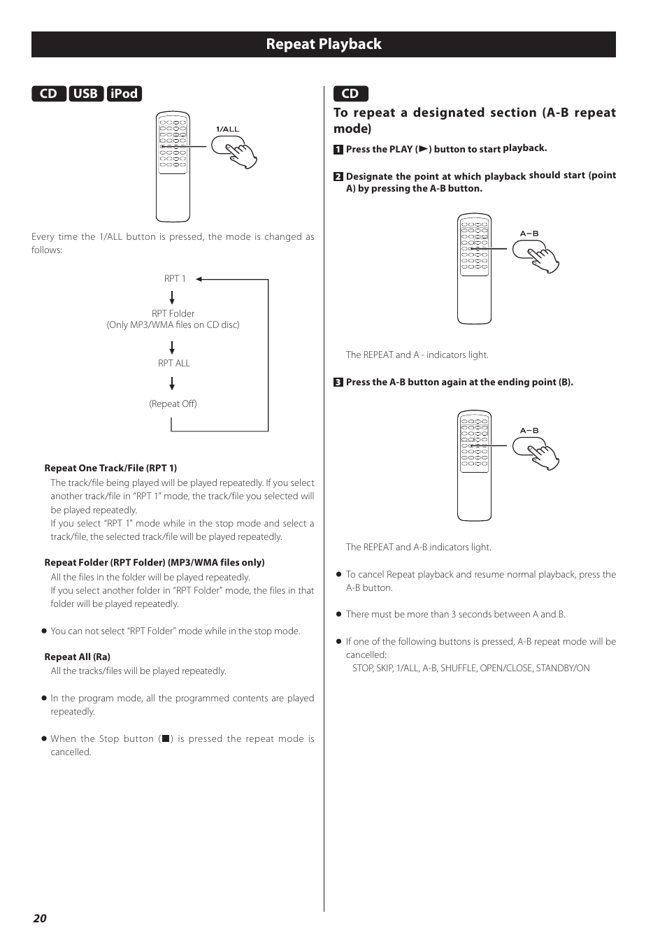 Repeat playback, Ipod | Teac CD-P650 User Manual | Page 20 / 76