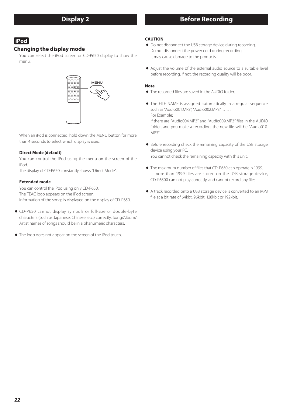 Display 2 before recording, Ipod, Changing the display mode | Teac CD-P650 User Manual | Page 22 / 76