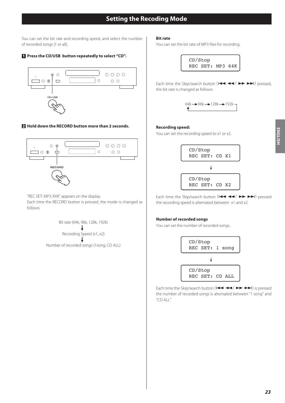 Setting the recoding mode | Teac CD-P650 User Manual | Page 23 / 76