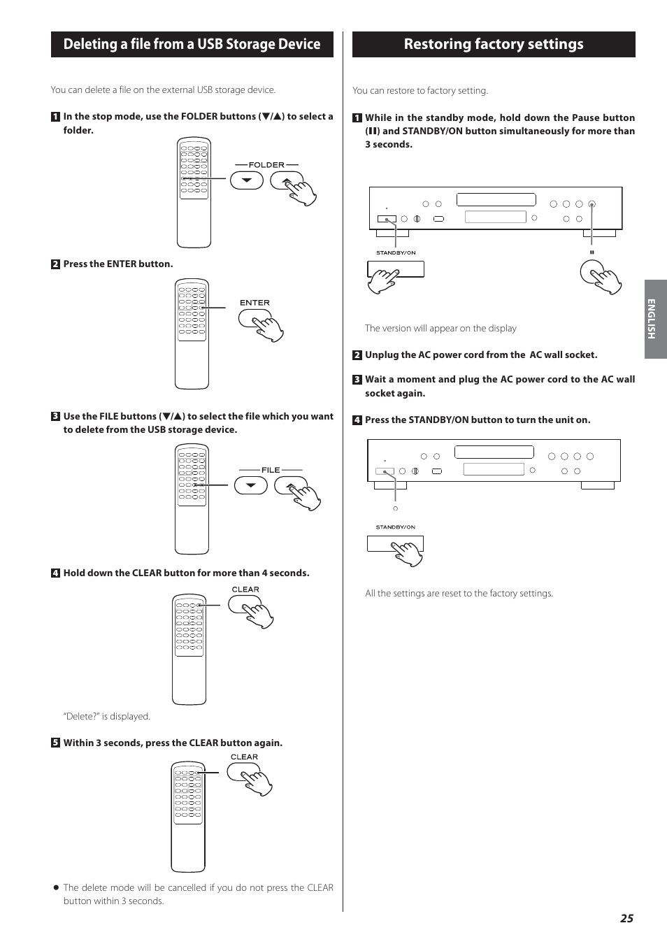 Deleting a file from a usb storage device, Restoring factory settings | Teac CD-P650 User Manual | Page 25 / 76