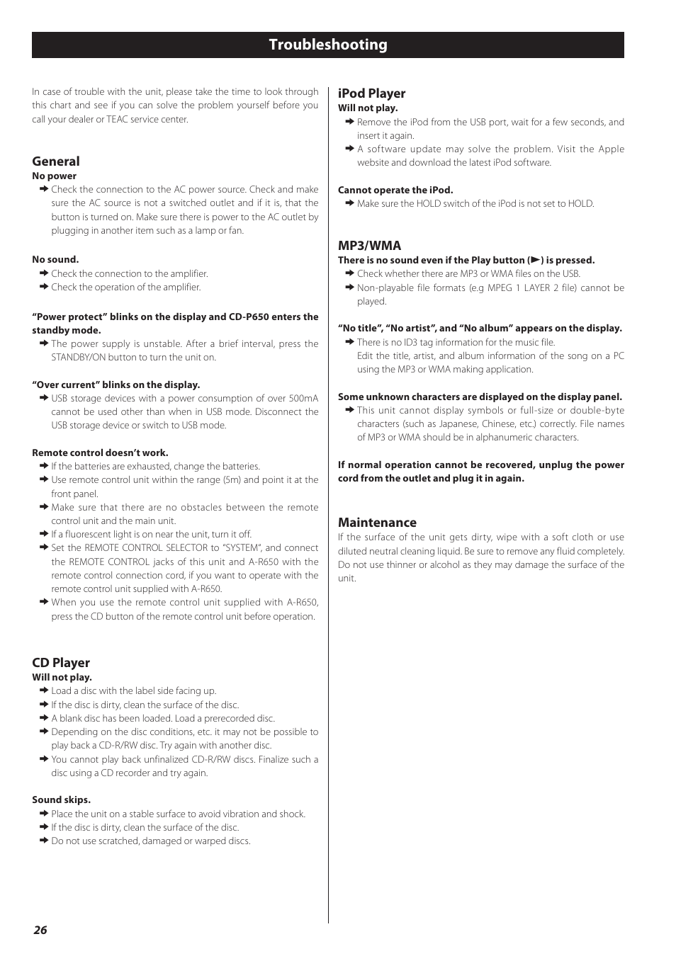 Troubleshooting, General, Cd player | Ipod player, Mp3/wma, Maintenance | Teac CD-P650 User Manual | Page 26 / 76