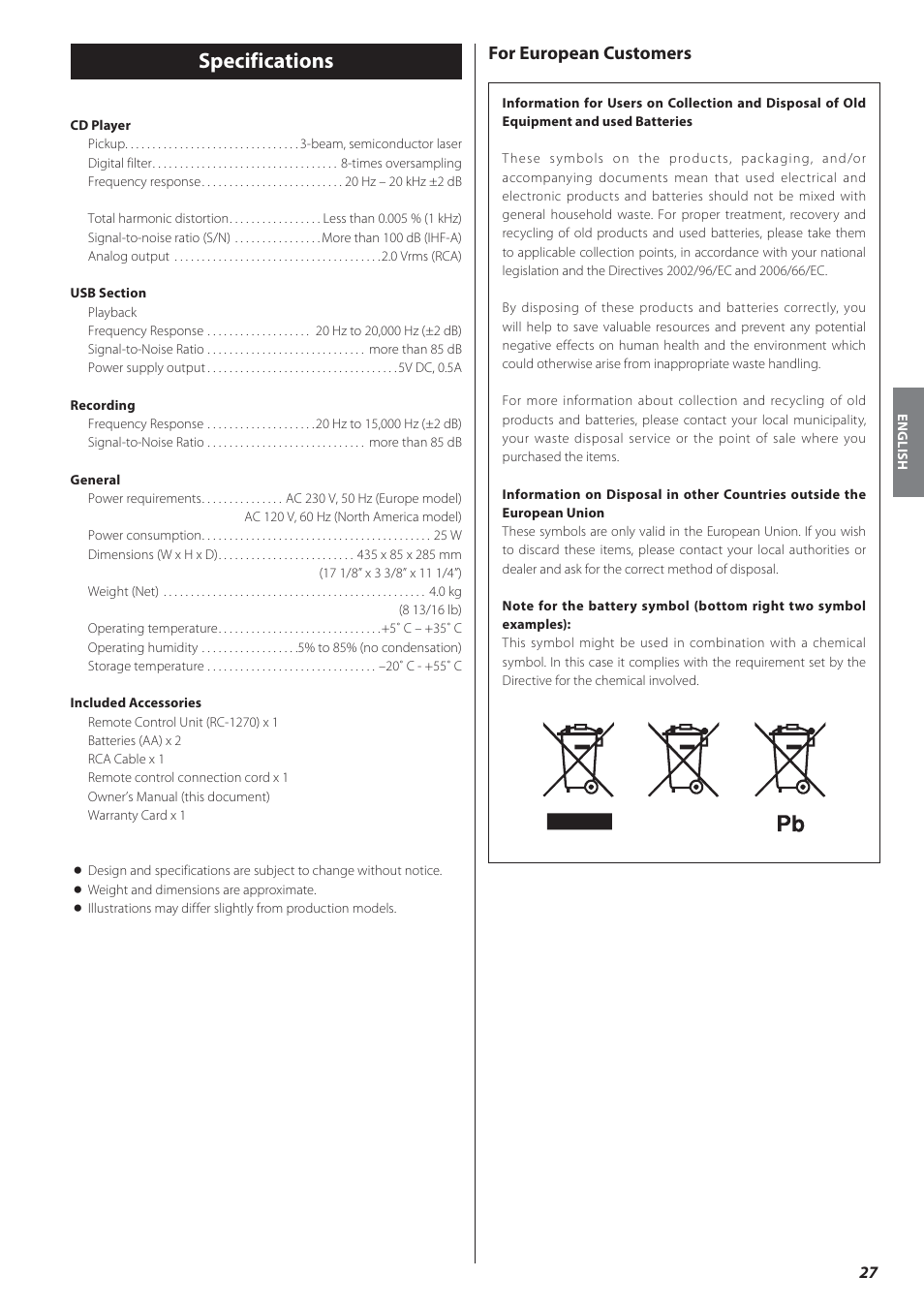 Specifications, For european customers | Teac CD-P650 User Manual | Page 27 / 76