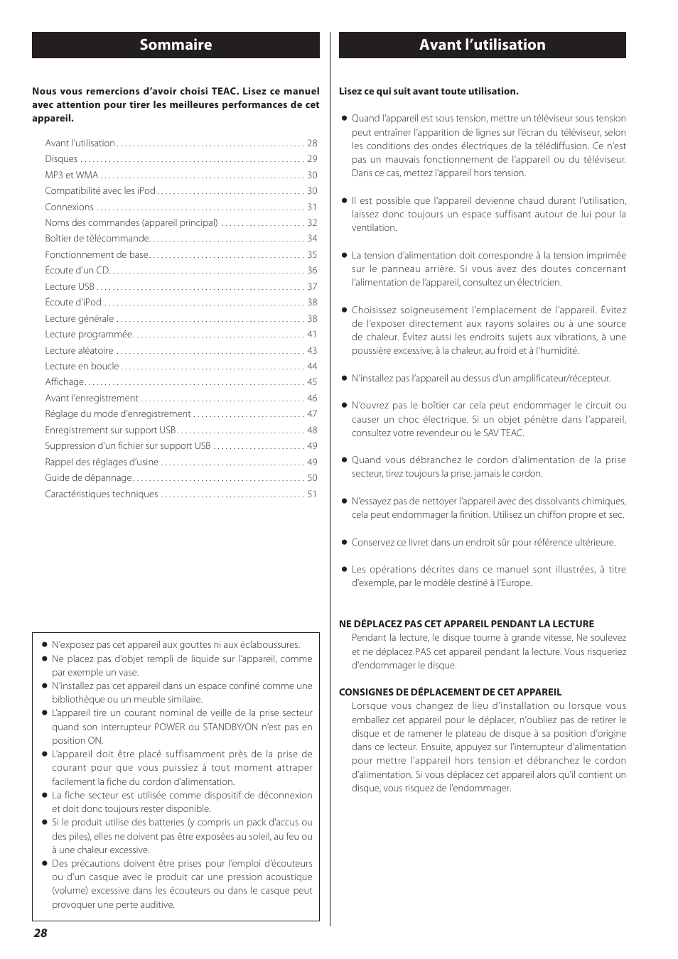 Avant l’utilisation, Sommaire | Teac CD-P650 User Manual | Page 28 / 76