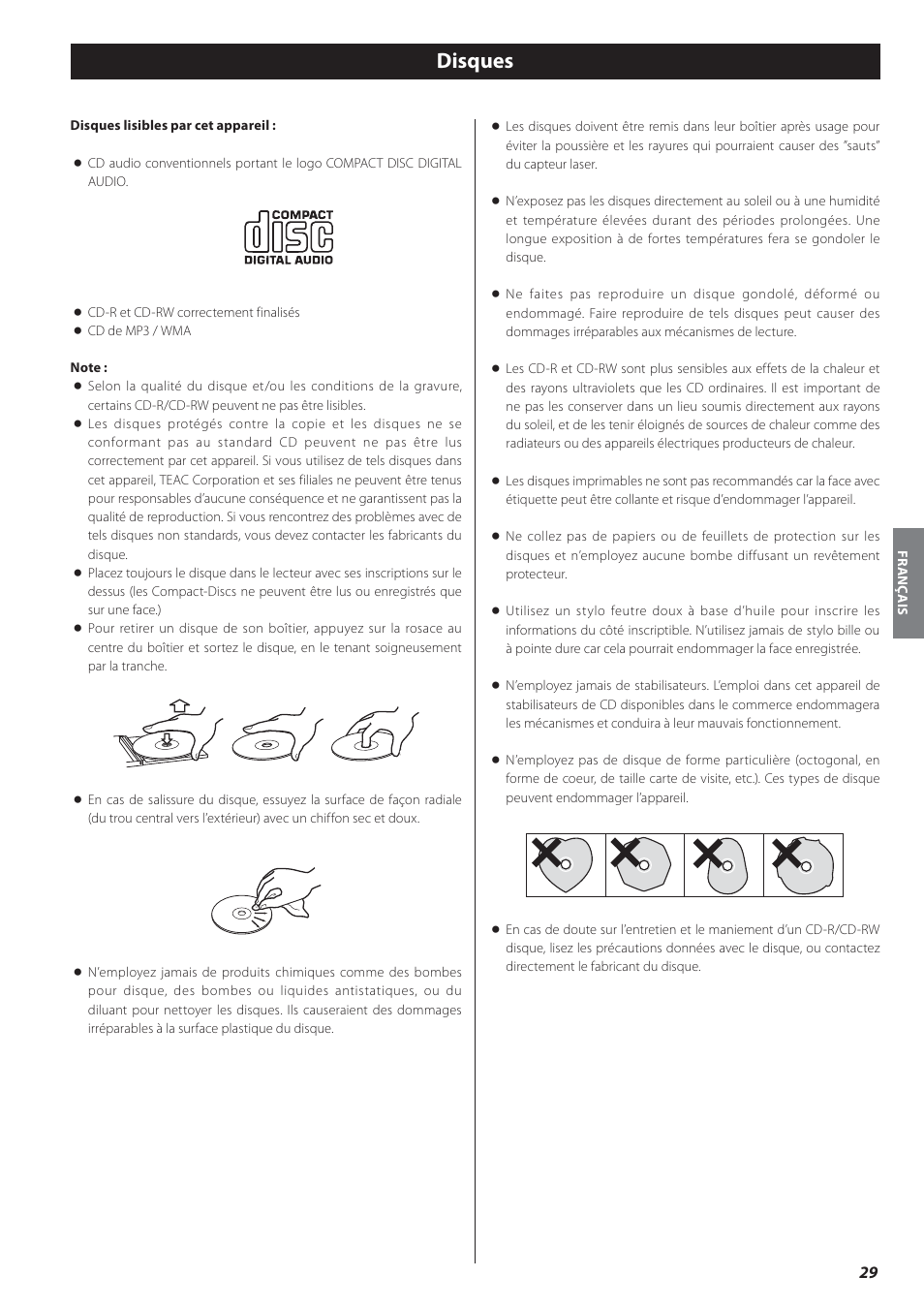 Disques | Teac CD-P650 User Manual | Page 29 / 76