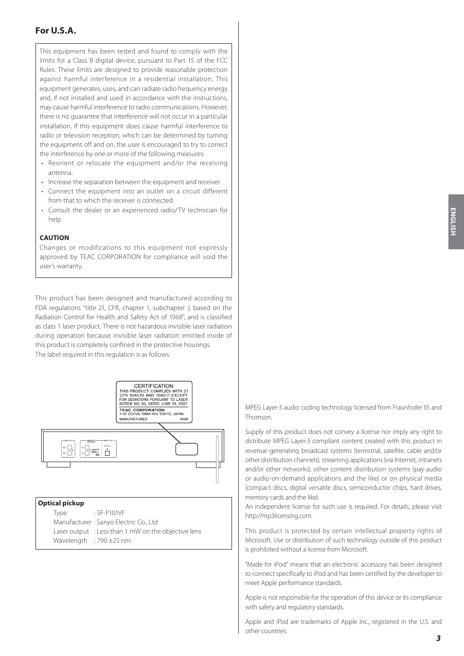 For u.s.a | Teac CD-P650 User Manual | Page 3 / 76