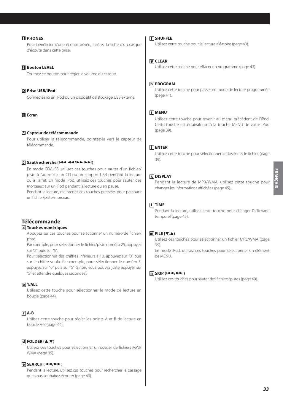 Télécommande | Teac CD-P650 User Manual | Page 33 / 76
