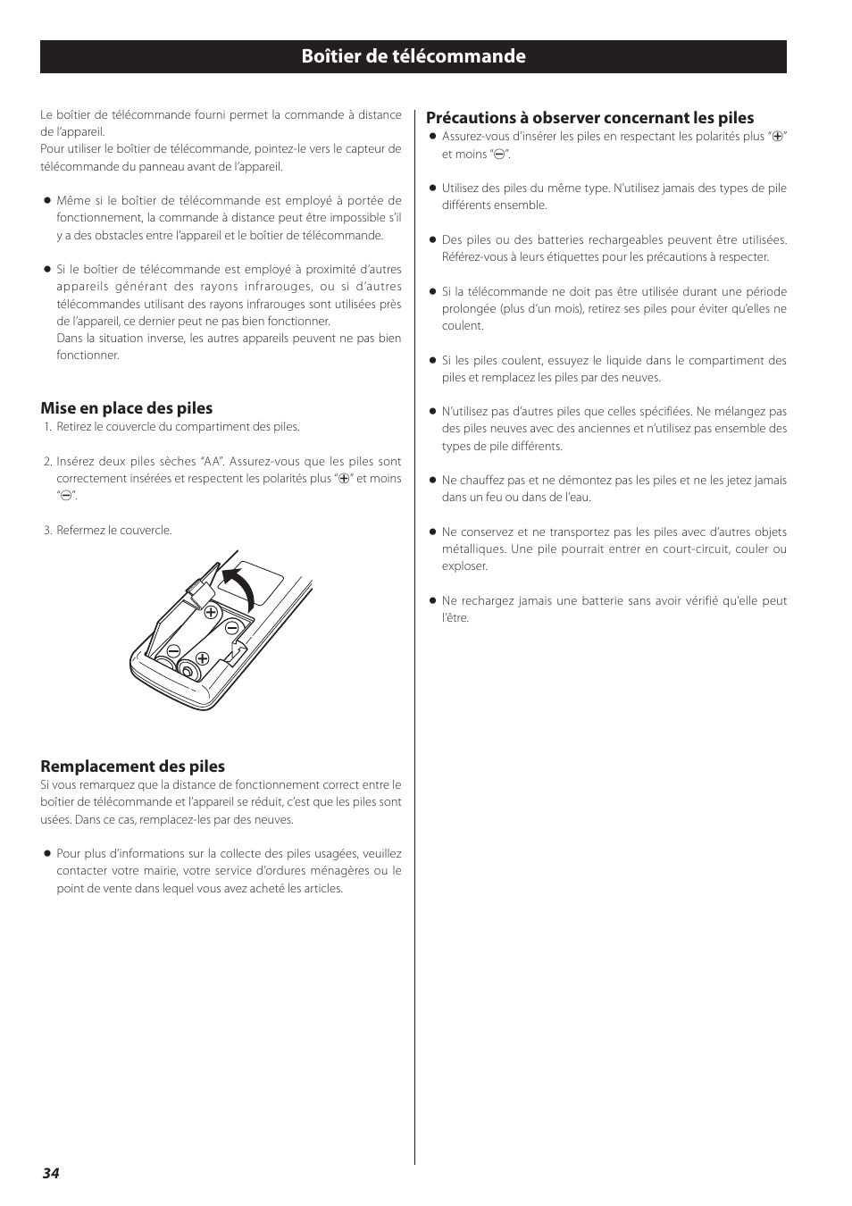 Boîtier de télécommande, Mise en place des piles, Remplacement des piles | Précautions à observer concernant les piles | Teac CD-P650 User Manual | Page 34 / 76